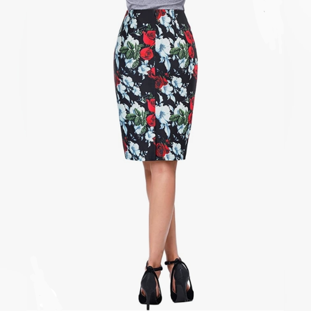 Vintage FloralPrint High-Rise Midi PencilSkirt Black - Picture 3 of 13